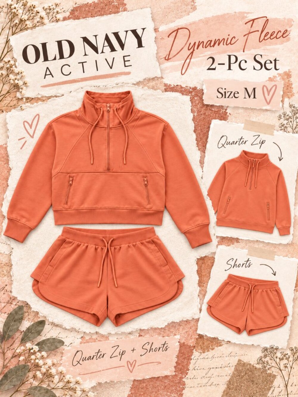 Old Navy Active Dynamic Fleece 2 Pc Set M Coral Quarter Zip & Shorts